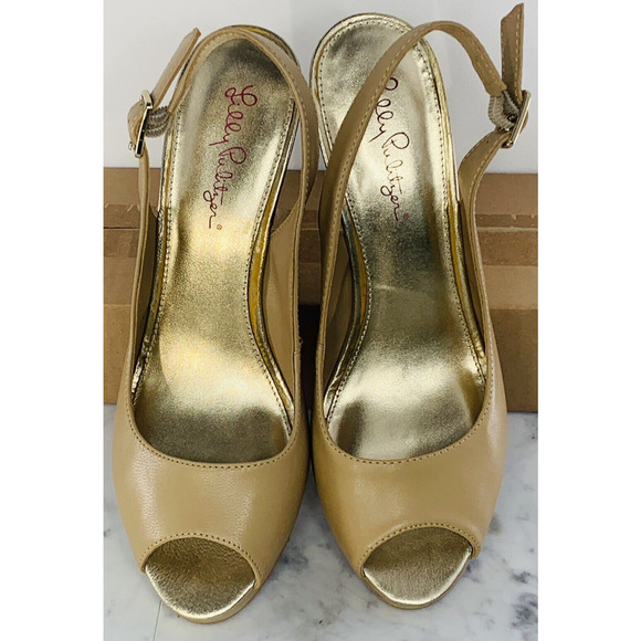 LILLY PULITZER Kristen Slingback Wedge 9M Tan Gold 4.5" Cork Peep Toe Sandal EUC - Picture 5 of 14